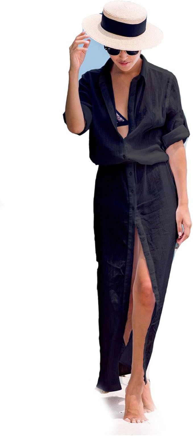 Women Casual Buttons Long Sleeve Split Beach Maxi Dress Sheer Cover Up Tunic | Amazon (US)