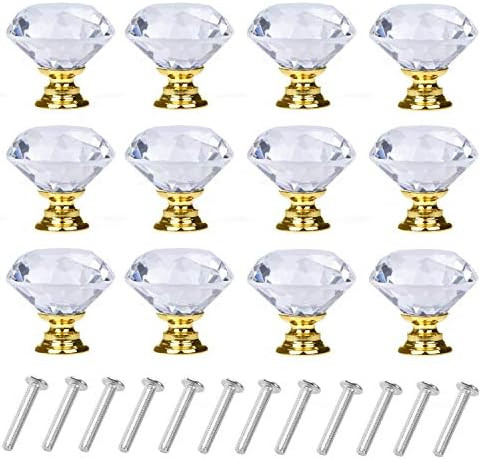 YourGift 12 Pack Drawer Knobs Diamond Shaped Crystal Glass 30mm Cabinet Knobs Pull Handles (Gold) | Amazon (US)