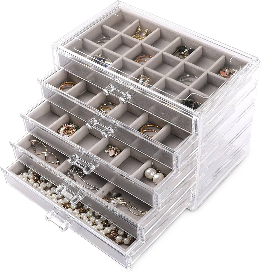 Frebeauty Acrylic Jewelry Organizer,Earring Organizer Box with 5 Drawers Clear Jewelry Box with V... | Amazon (US)