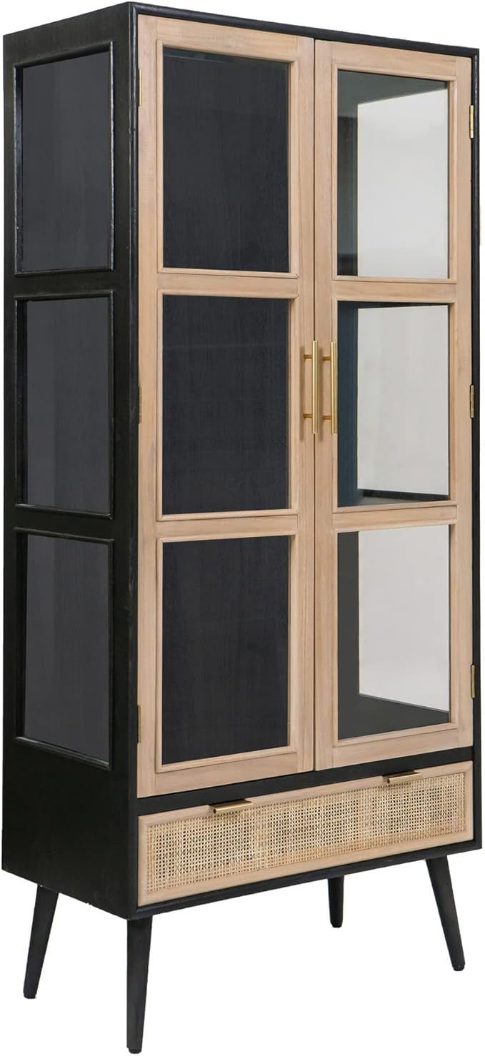 Benjara Dana 63 Inch Tall Cabinet, 2 Glass Doors, 1 Drawer, Pine Wood, Black | Amazon (US)
