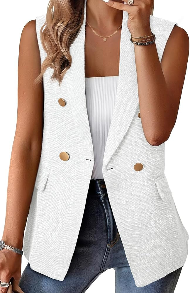Happy Sailed Womens Tweed Blazers Vest Tops Casual Sleeveless Double Breasted Open Front Blazer J... | Amazon (US)