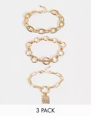 Reclaimed vintage inspired mixed chain bracelet in gold 3 pack | ASOS (Global)
