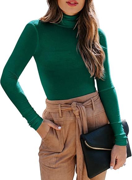 REORIA Women's Long Sleeve Ribbed Turtleneck Leotard Stretchy Bodysuit Tops Jumpsuits | Amazon (US)