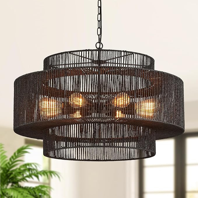 30" Large Black Rattan Chandelier, 8-Light Hand-Woven 3-Tier Drum Wicker Boho Farmhouse Light Fix... | Amazon (US)