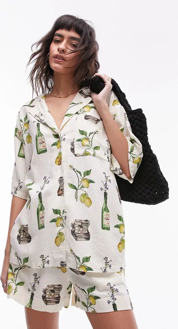 Topshop Still Life Print Linen Blend Short Sleeve Button-Up Shirt | Nordstrom | Nordstrom