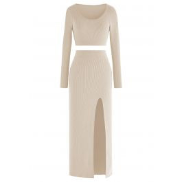 Knitted Crop Top and High Slit Maxi Skirt Set in Light Tan | Chicwish