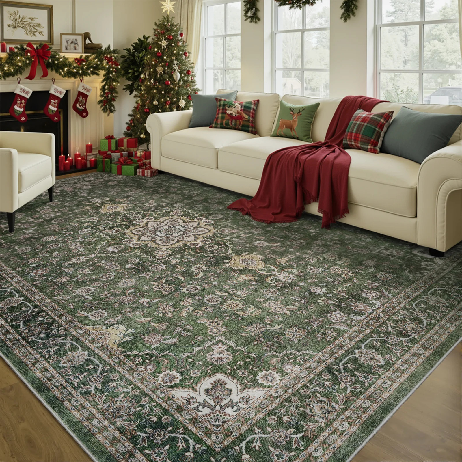 SIXHOME 8x10 Feet Washable Non-Slip Area Rug - Traditional Distressed Vintage Green Rug with Retr... | Walmart (US)