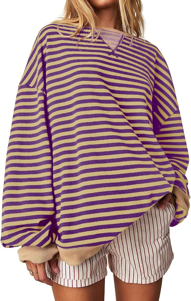 Fisoew Womens Striped Oversized Sweatshirt Color Block Crew Neck Long Sleeve Shirt Casual Loose P... | Amazon (US)