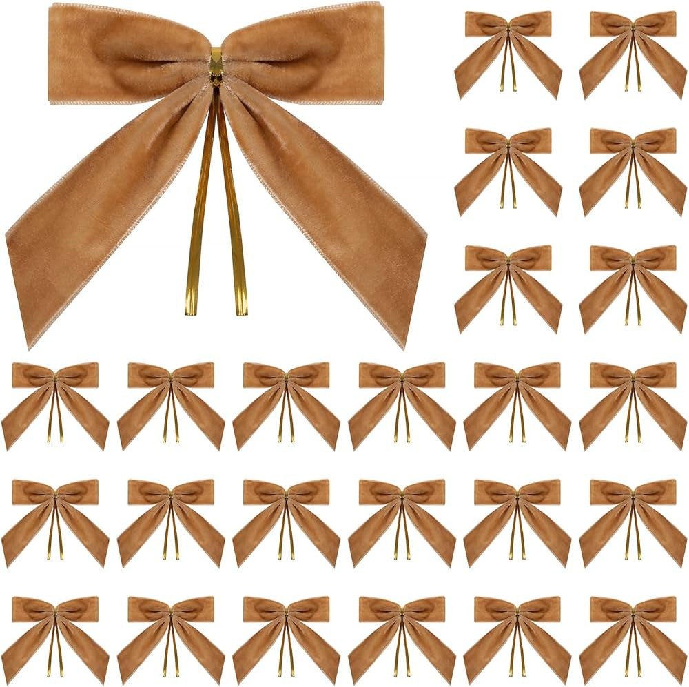 24 Pcs Camel Small Velvet Christmas Bows for Christmas Tree, Wreath, Gift Wrapping, Crafts, Weddi... | Amazon (US)