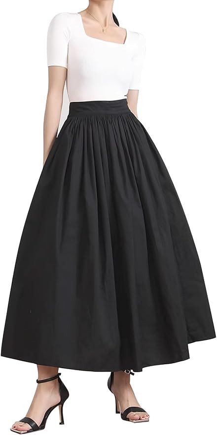 BEAUTELICATE Women Long Cotton Skirt with Lining Elastic Waist 2 Pockets A-Line Bohemia Pleated S... | Amazon (US)