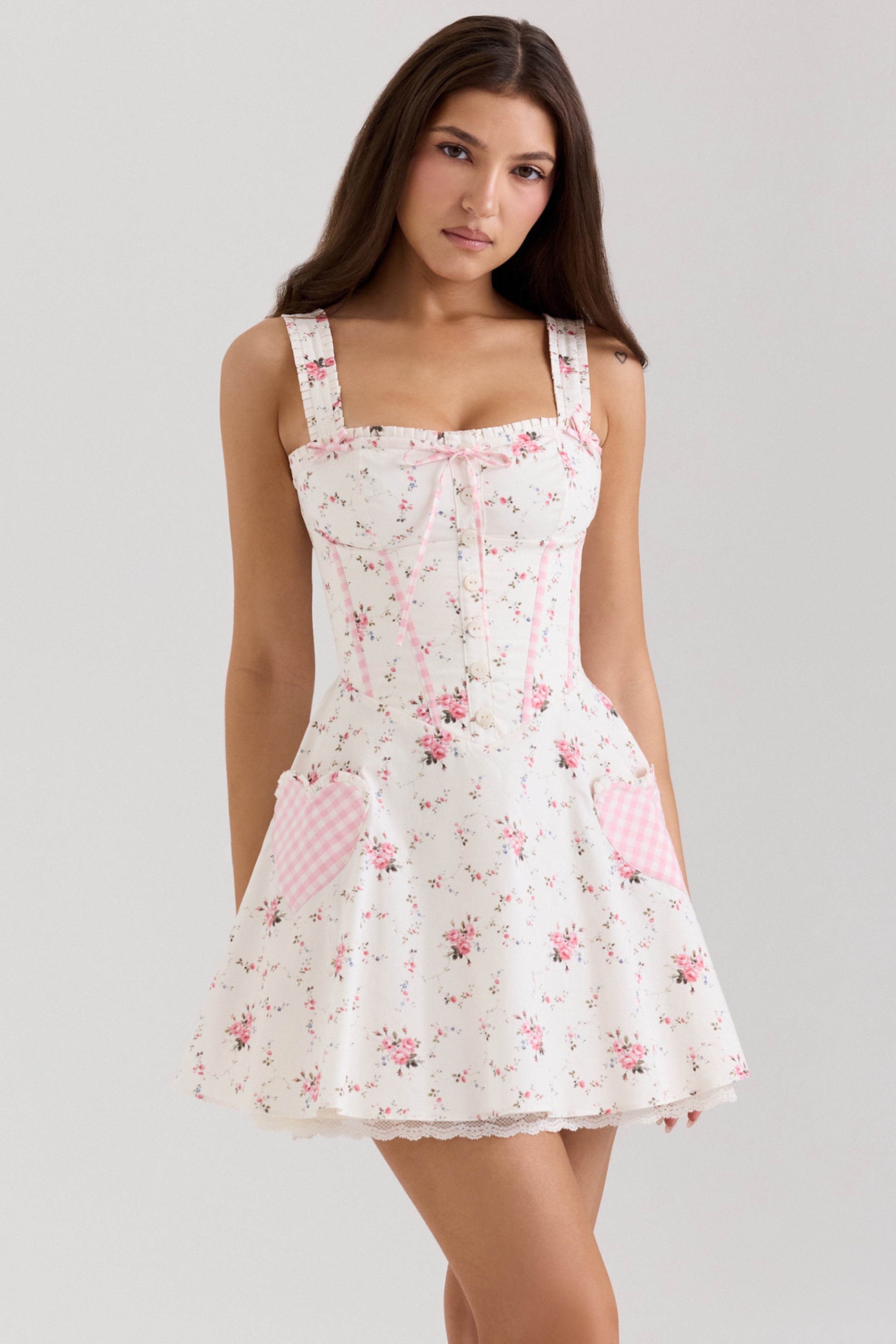 cream rose print stretch cotton mini dress | House of CB
