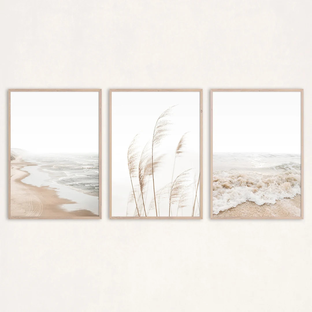 Neutral Beach Print Set of 3 Wall Art Boho Decor Coastal Wall Art Pampas Grass Print Minimalist W... | Etsy (US)