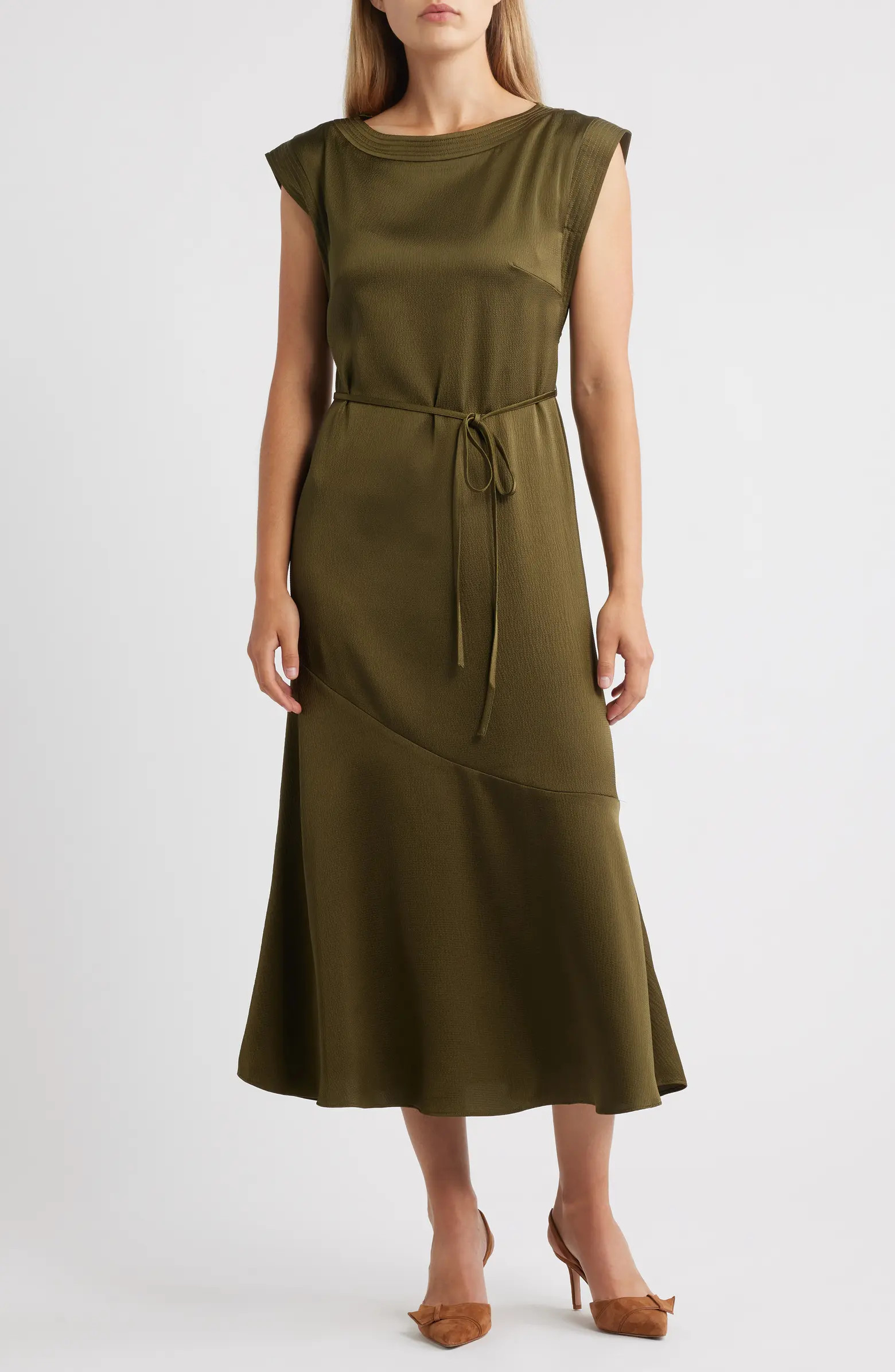 Vince Camuto Cap Sleeve Stretch Satin Belted Dress | Nordstrom | Nordstrom