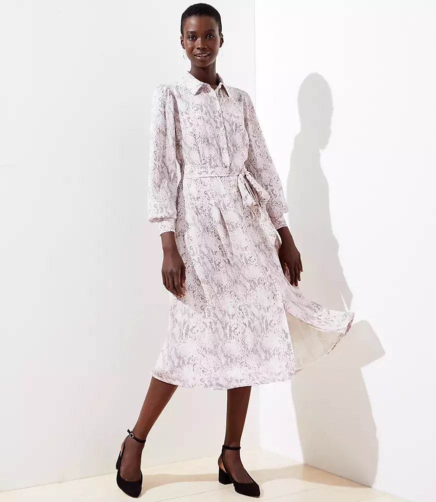 Snake Print Tie Waist Midi Shirtdress | LOFT