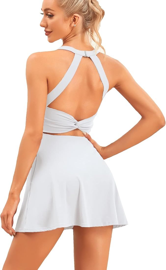 Womens Summer Cut Out Twisted Tennis Dress with Built in Shorts and Bra Workout Dress Golf Athletic  | Amazon (US)