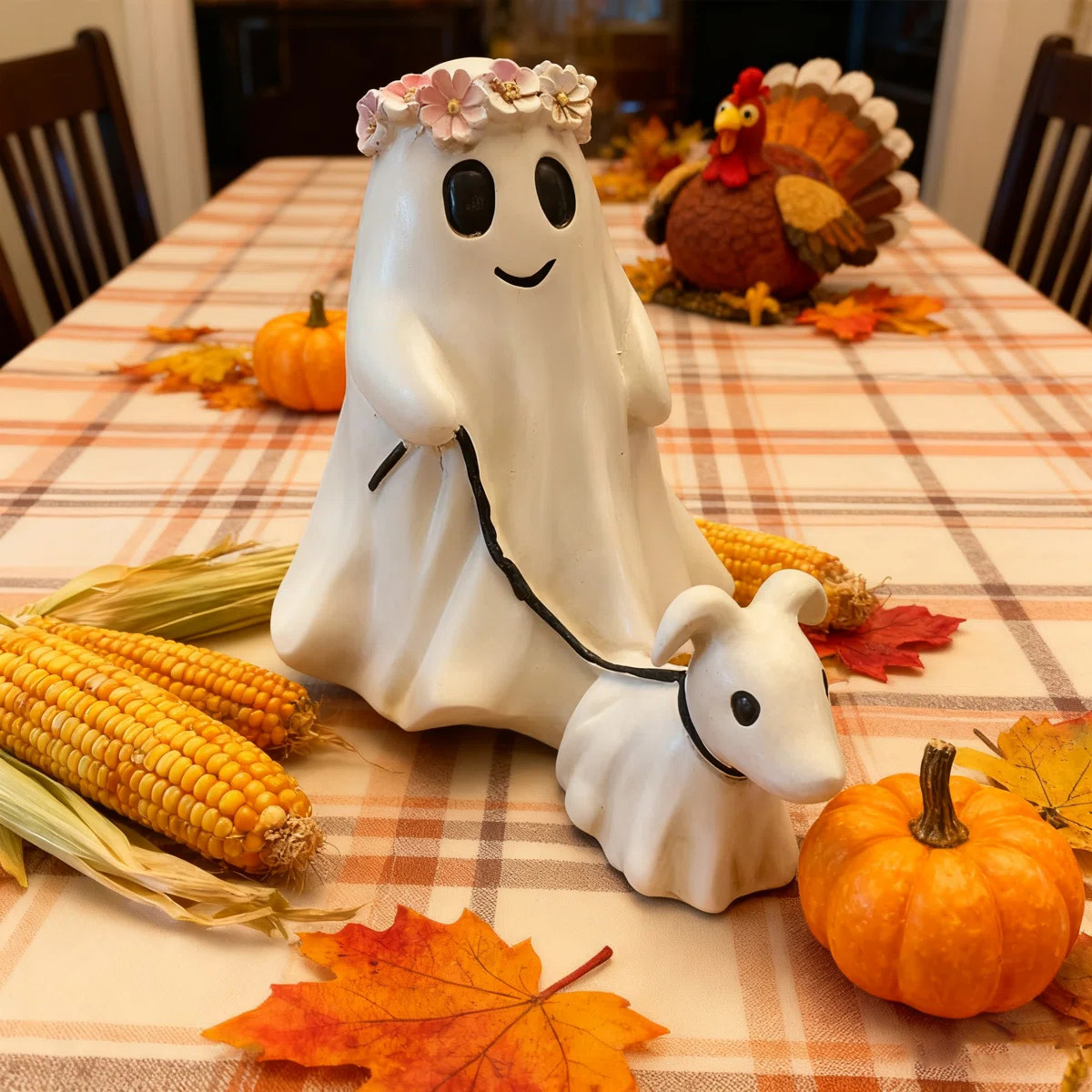 Little Ghost Flower Wreath Dog Walking Ornament, Resin Spooky Ghost Dog Halloween Figurine | Wayfair North America