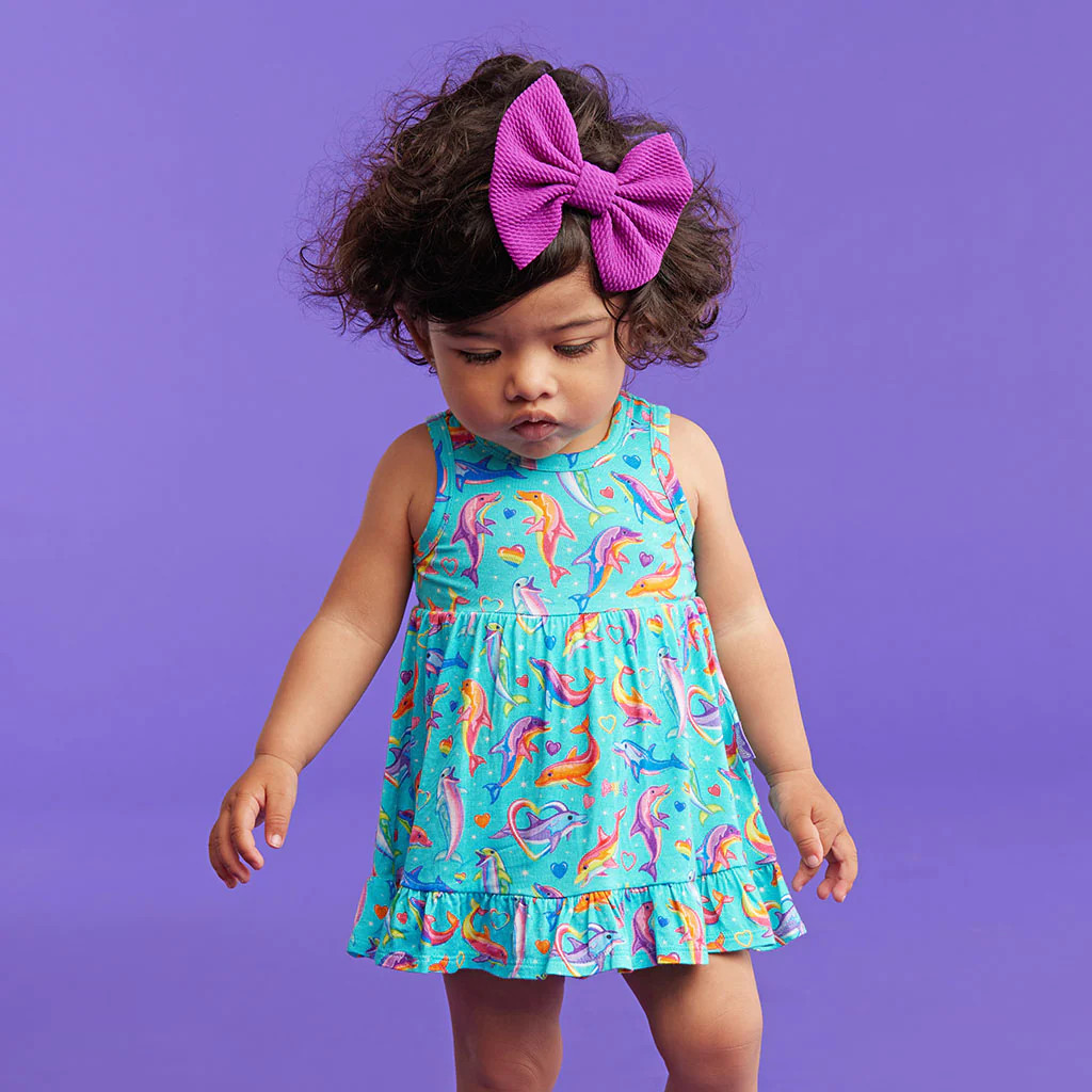Dolphins Blue Ruffled Baby Bodysuit Dress | Lisa Frank® Dancing Dolphins™ | Posh Peanut