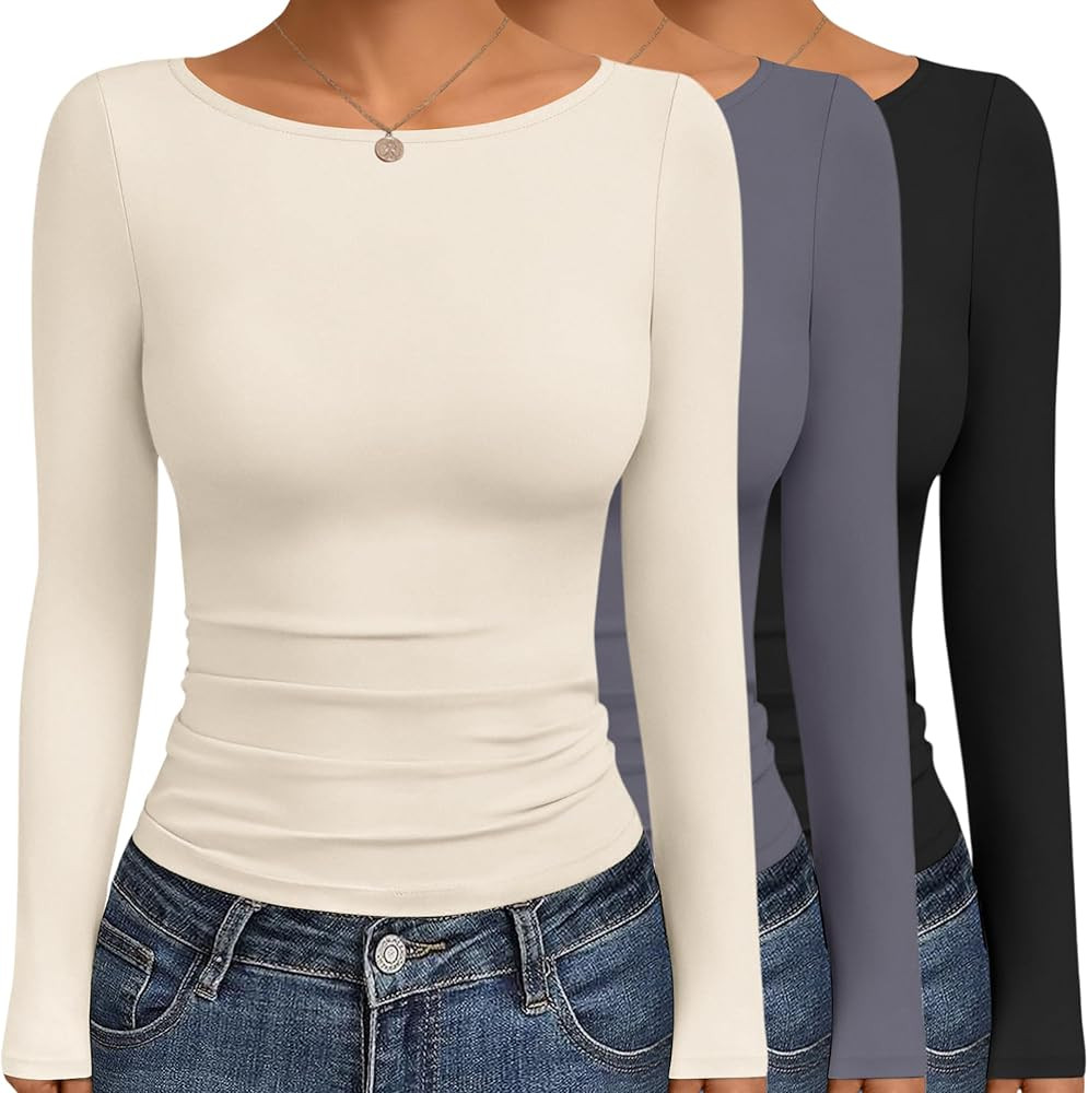 Ekouaer Women's Boat Neck Tops 3 Packs Long Sleeve Shirts Ruched Fall Fashion 2025 Outfits Basic ... | Amazon (US)