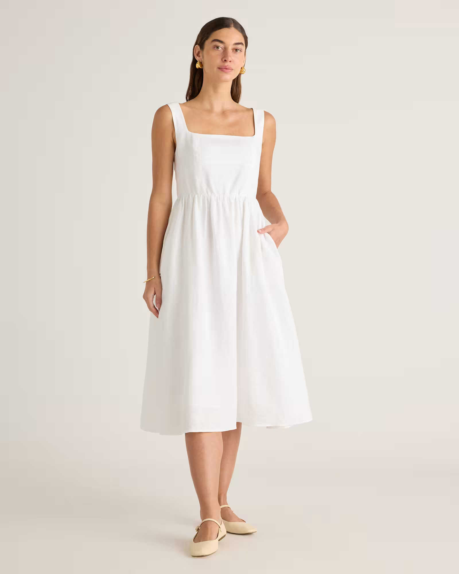 100% European Linen Fit & Flare Midi Dress in White | Quince
