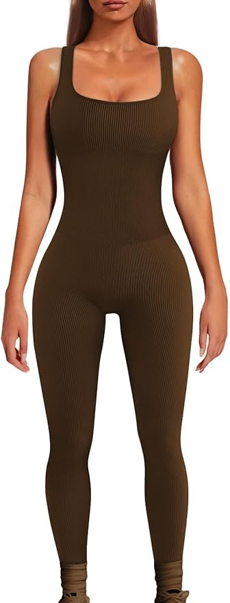 AUTOMET Women's Yoga Ribbed One Piece Tank Tops Rompers Sleeveless Workout Bodysuits Exercise Jum... | Amazon (US)