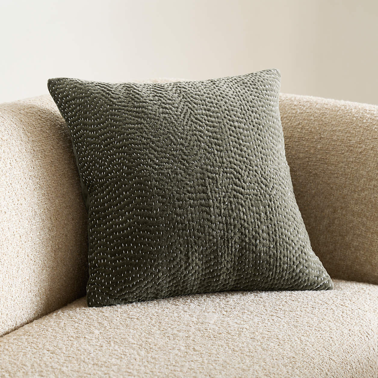 Sashiko Organic Cotton Velvet 20"x20" Burnt Green Throw Pillow Cover + Reviews | Crate & Barrel | Crate & Barrel