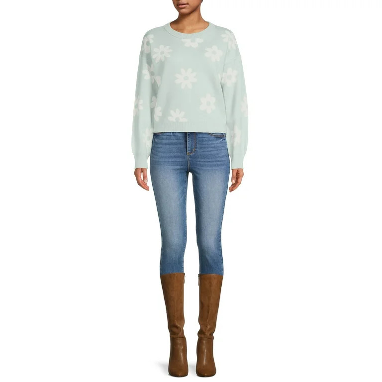 No Boundaries Junior's Cropped Print Sweater, Midweight, Sizes XS-XXXL | Walmart (US)
