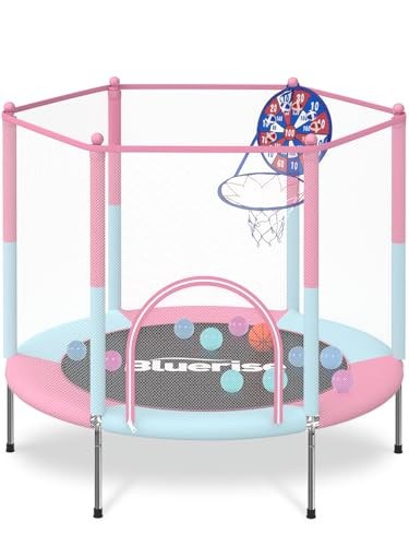 BLUERISE 55IN Toddler Trampoline for Kids Indoor Play for Kids Basketball Hoop Attachment with Enclosure Net Easy to Assemble Recreational Trampoline Pink | Amazon (US)
