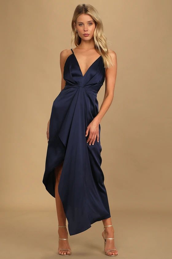 Caught Feelings Navy Blue Satin Ruffled Midi Dress | Lulus (US)