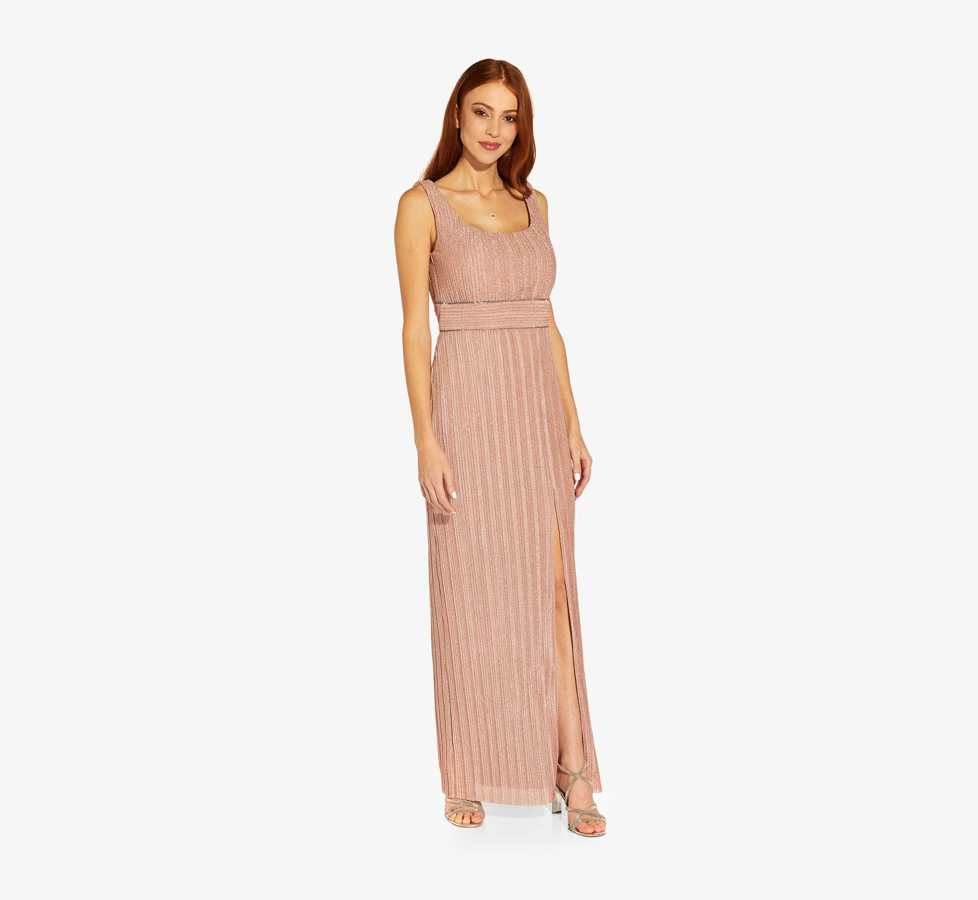 Metallic Knit Pleated Long Column Gown In Rose | Adrianna Papell