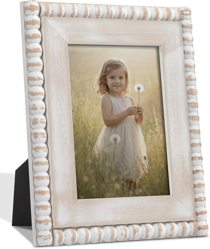 Afuly 5x7 Farmhouse Picture Frame Boho White Beads Photo Frame Wooden Distressed Wall Hanging Des... | Amazon (US)
