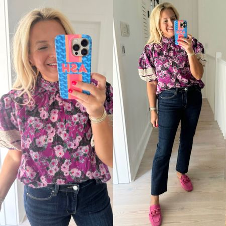 Purple floral top for fall. Wearing size small. Jeans are fab and size 27. Code FANCY15 for 15% off  

#LTKsalealert #LTKstyletip #LTKunder100