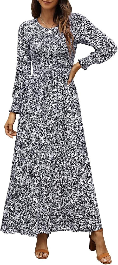 Annebouti Women's Spring Casual Long Sleeve Maxi Dress Boho Floral Smocked A-Line Modest Wedding ... | Amazon (US)
