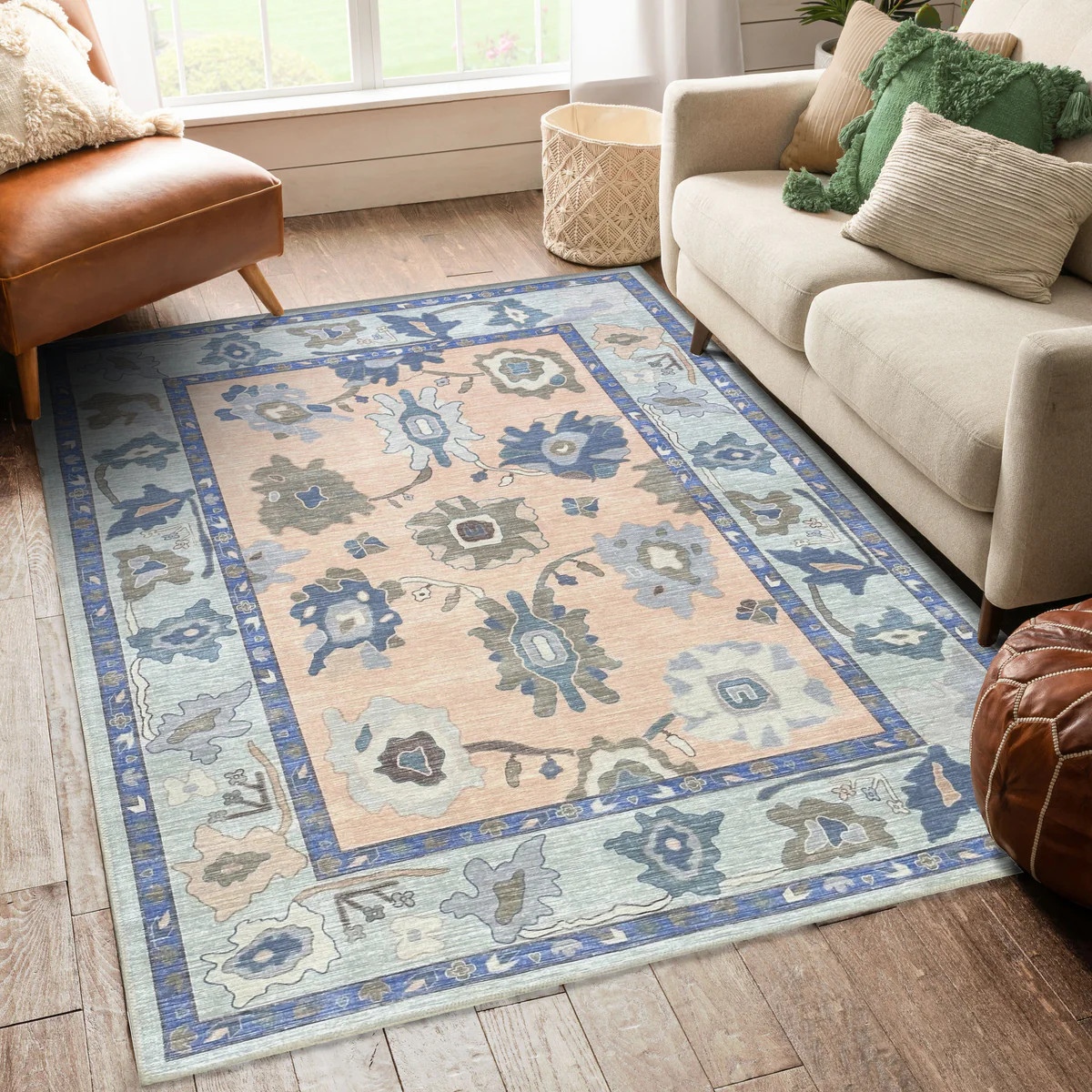 Menna Salmon Orange Blue Modern Oushak Rug | Fame Rugs