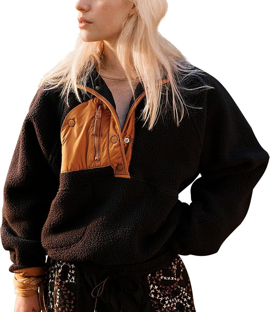 Hixiaohe Women Sweatshirt Sherpa Casual Lapel Cropped Pullover Long Sleeve Button Down Fuzzy Flee... | Amazon (US)