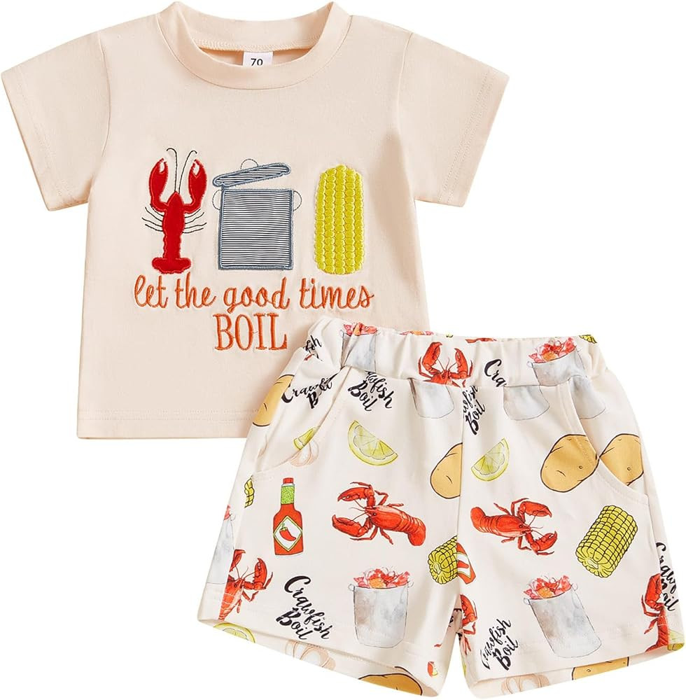 Toddler Baby Boy Lobster Clothes Crawfish Print Short Sleeve T Shirt Striped Shorts Sets Infant S... | Amazon (US)