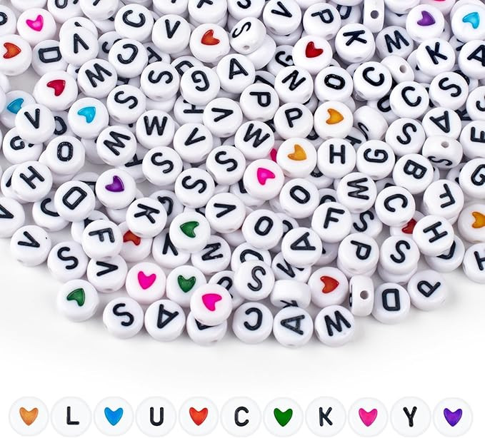 1000PCS Colourful Letter Beads for Threading, 4 x 7 MM, A-Z White Letter Beads and Colourful Hear... | Amazon (US)