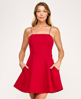 City Studios Juniors' Square Neck Rhinestone Trimmed Straps Dress - Macy's | Macy's