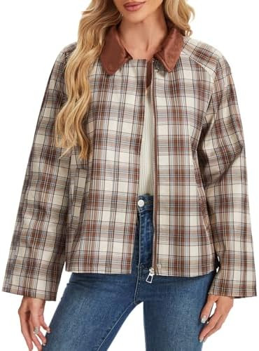 Fall Jackets Casual Plaid Barn Jackets for Women Lightweight Trendy Outwear with Contrast Suede C... | Amazon (US)