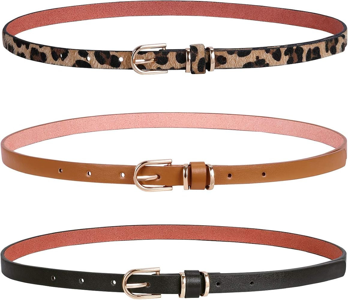 Women Skinny PU Leather Belt for Dress Jeans Girls Thin Waist Belt with Gold Alloy Buckle | Amazon (US)