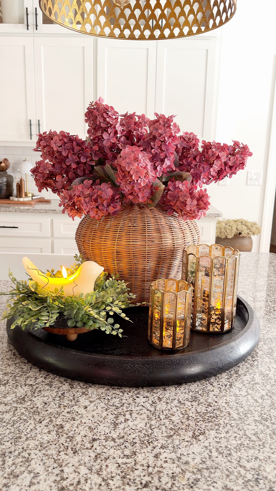 Soring and Summer Moody centerpiece! 

 It’s like getting two for the price of one! These hydrangeas are beautiful and I love the brass and glass candleholders. Also, let me mention. that my large vase is such great quality and very easy on the pocketbook! 
