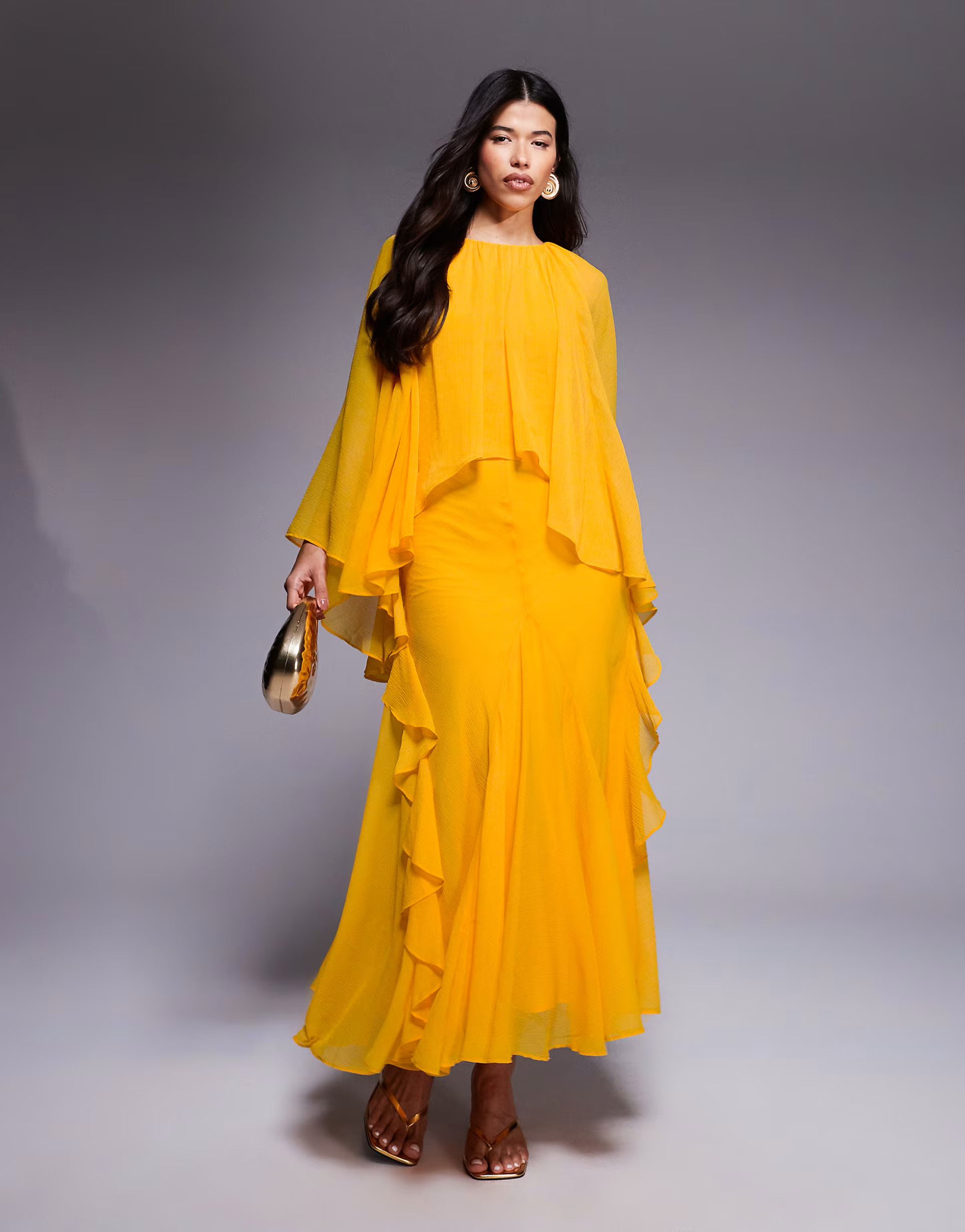 ASOS DESIGN trapeze overlay chiffon maxi dress with ruffles in orange | ASOS (Global)