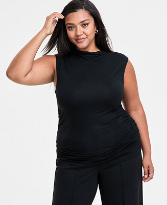 Trendy Plus Size Sleeveless Mock-Neck Jersey Ruched Top | Macy's