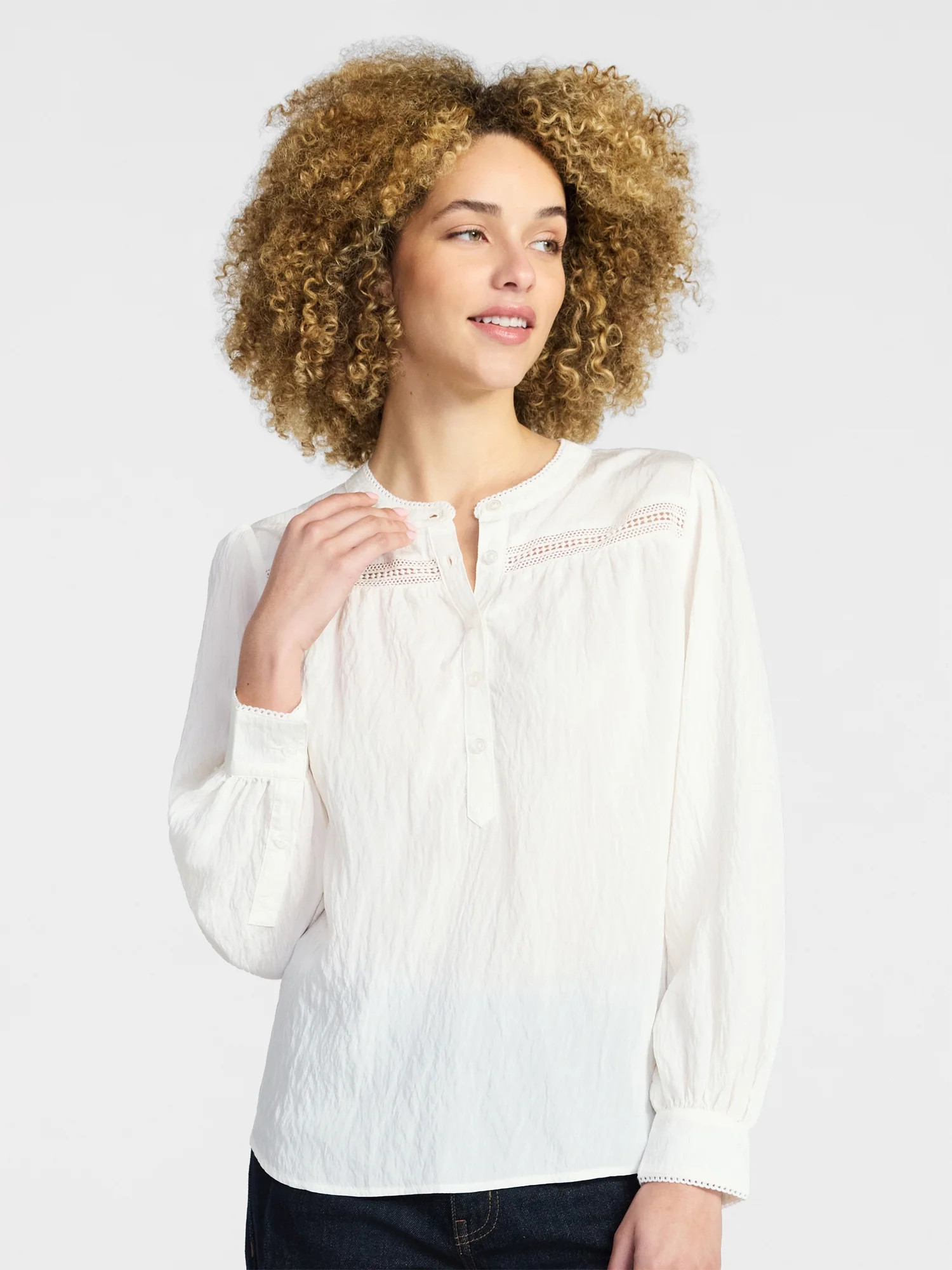 Time and Tru Women's Lace Yoke Half Button Shirt with Long Sleeves Sizes XS-XXXL | Walmart (US)