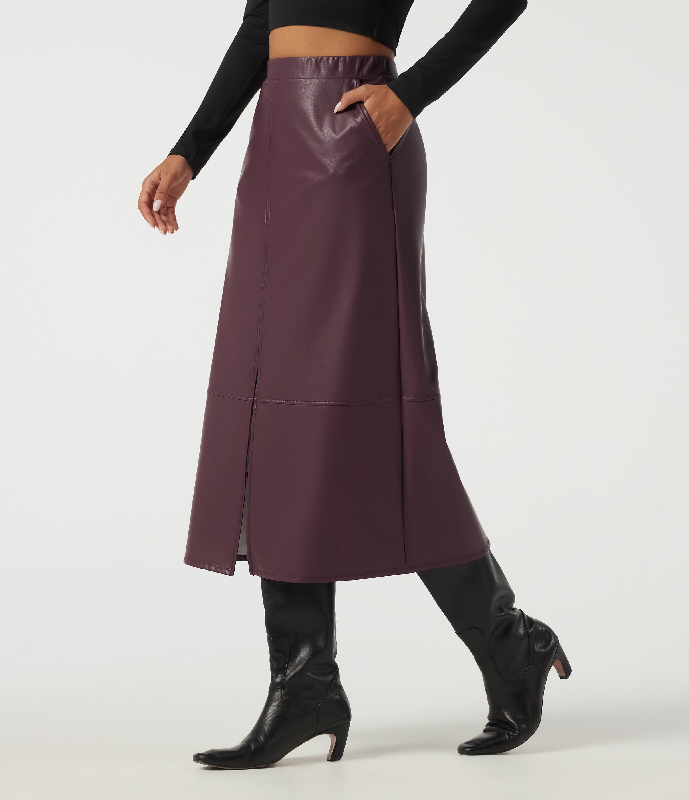 Halara High Waisted Split Hem Fleece PU Work Pencil Midi Skirt with Pockets  - Black - XS(regular) | HALARA
