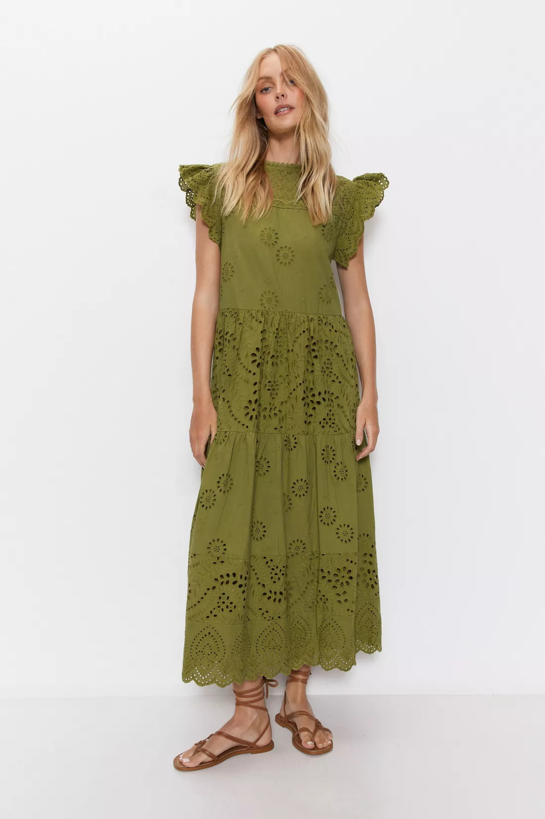 Dresses | Broderie Mix Tiered Midi Dress | Warehouse | Warehouse UK & IE