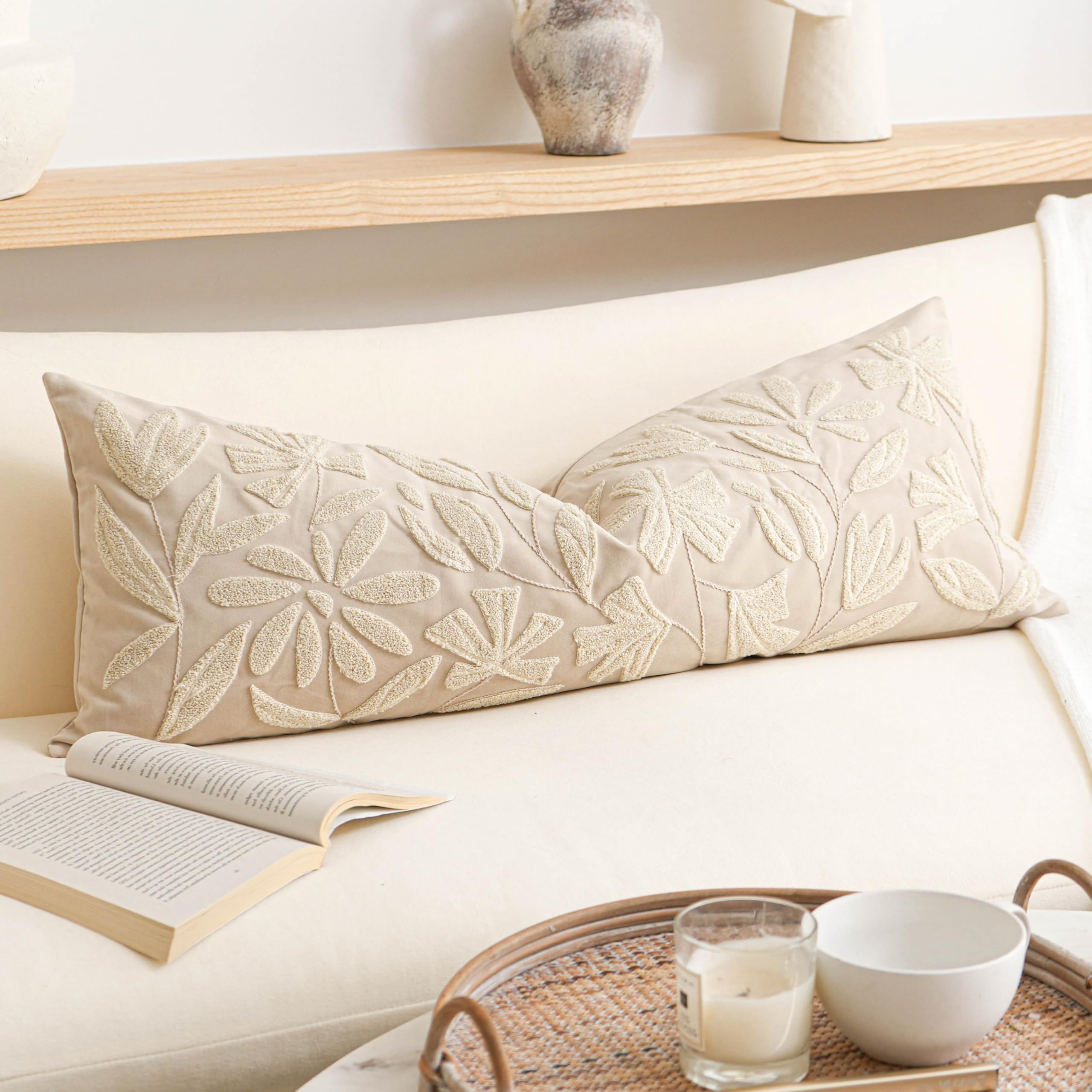 BlissBlush 14x36 Lumbar Pillow Cover for Bed, Rectangular Decorative Long Throw Pillowcase, Embro... | Amazon (US)