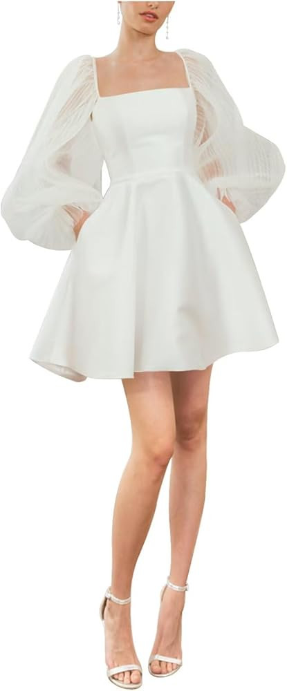Womens Satin Short Wedding Dresses for Bride Puffy Long Sleeves Mini Bridal Dress A Line Summer P... | Amazon (US)