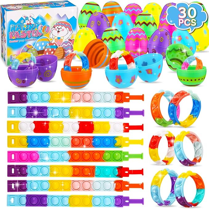 30 PCS Easter Eggs with Pop Fidget Toys, Easter Party Favors Bulk Toy Eggs Fillers, Wearable Push... | Amazon (US)