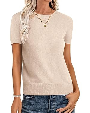 ANRABESS Womens Short Sleeve Sweaters Wool Blend Crew Neck Sweater Shirts Business Casual Work To... | Amazon (US)