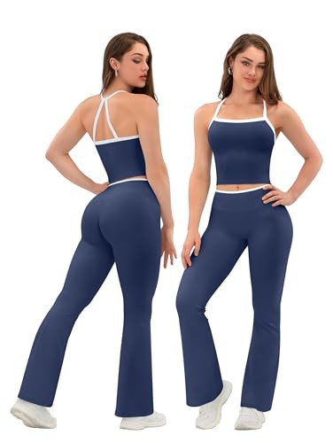 TDIFFUN Women Workout Sets 2 Piece Sleeveless Crop Tank Tops Flare High Waisted Leggings Contrast Trim Gym Yoga Outfits - Navy Blue, Small | Amazon (US)